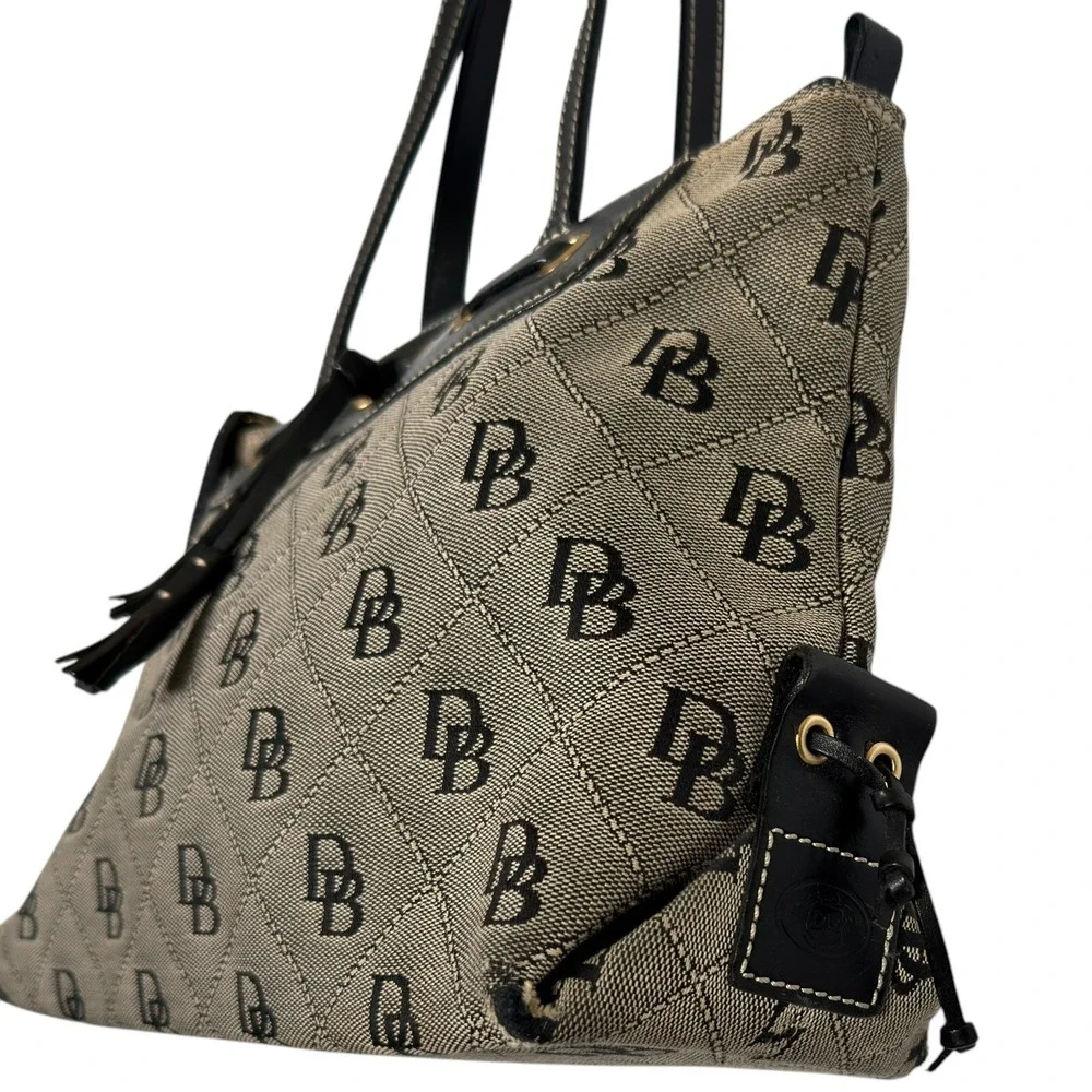 Dooney Bourke DB Signature Canvas Shoulder Tote Bag Black Leather Trim